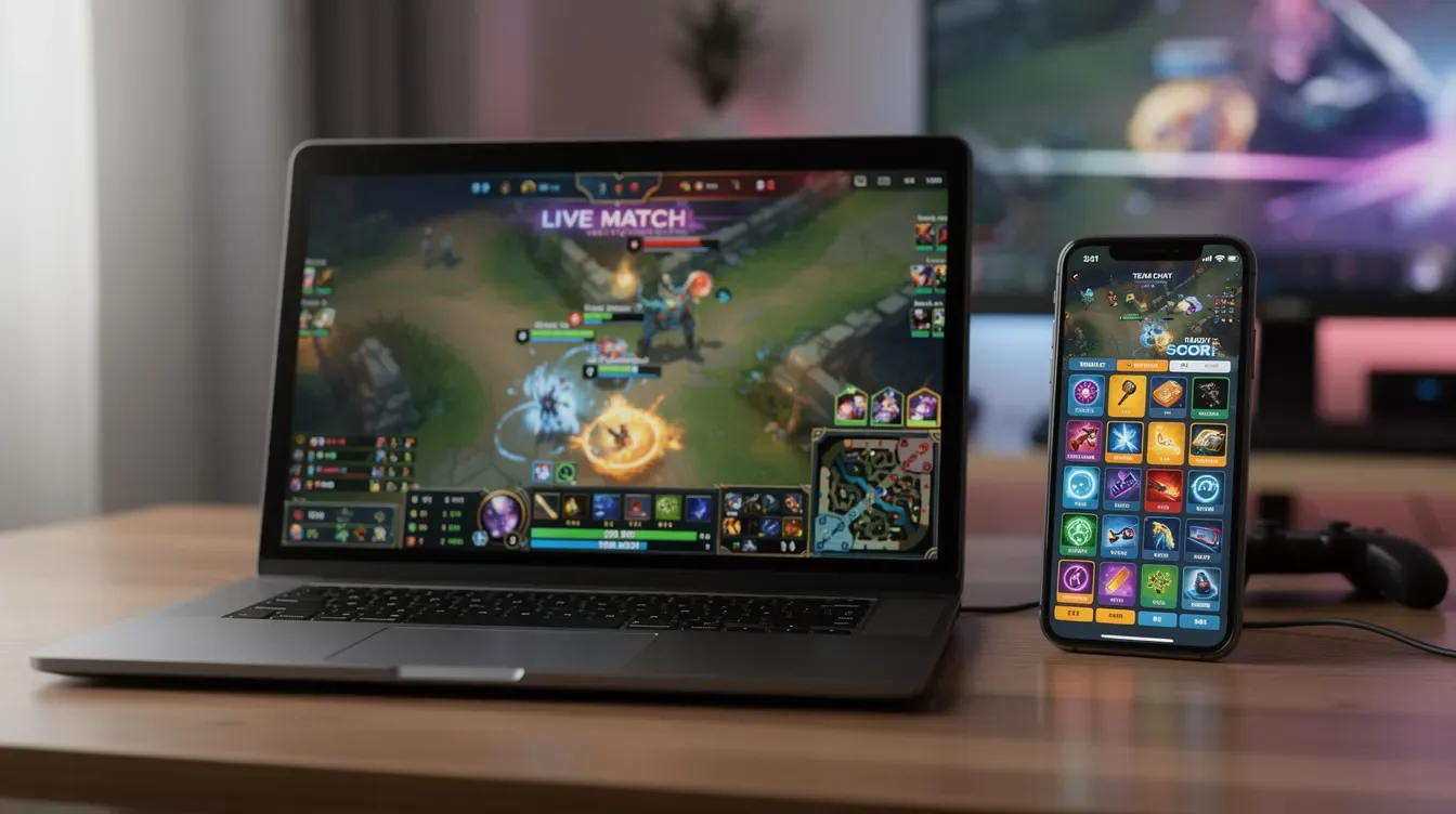 The image features a laptop and smartphone side by side on a desk, both displaying vibrant live gaming interfaces filled with colorful graphics from the crazy time game. The screens showcase exciting bonus features, including the crazy time wheel and various bonus game segments, inviting players to engage in thrilling live casino games.