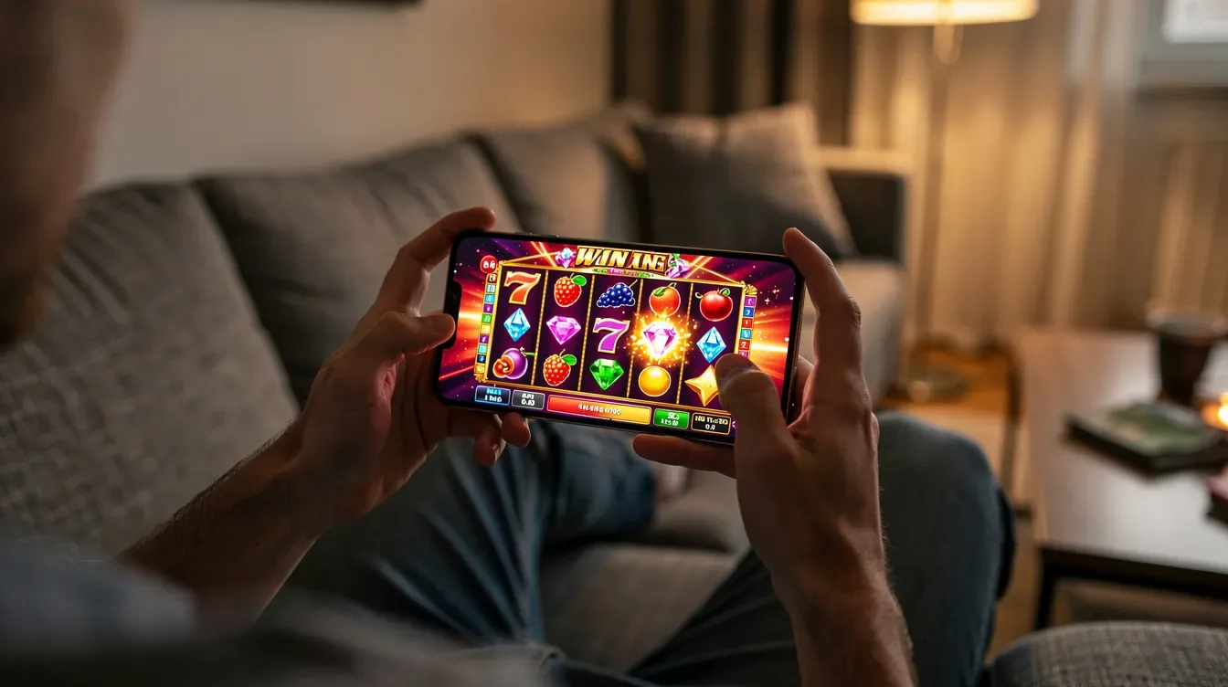 A person is sitting comfortably on a couch, engrossed in playing a colorful casino game on their smartphone, featuring exciting elements like the crazy time bonus round and various bonus games. The vibrant graphics of the game, reminiscent of a live game show, enhance the thrill as they aim for big wins and multipliers.