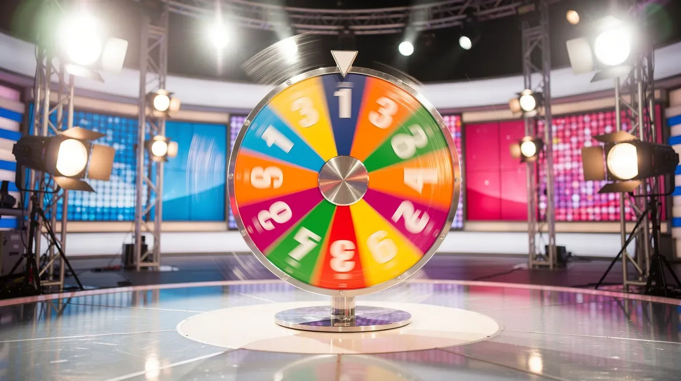 The image features a vibrant and colorful spinning prize wheel, illuminated by bright studio lights in an exciting game show setting. This lively scene captures the essence of interactive elements and thrilling bonus games, inviting players to engage in a thrilling round of the Crazy Time game.